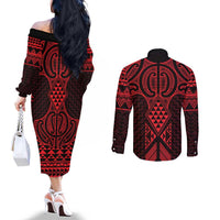 Whero Maori Ta Moko Poutama Art Couples Matching Off The Shoulder Long Sleeve Dress and Long Sleeve Button Shirt LT9 - Polynesian Pride