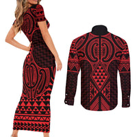 Whero Maori Ta Moko Poutama Art Couples Matching Short Sleeve Bodycon Dress and Long Sleeve Button Shirt LT9 - Polynesian Pride