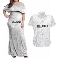 New Zealand Rangatira Custom Couples Matching Off Shoulder Maxi Dress and Hawaiian Shirt All White Niho Taniwha Maori Tribal LT9 White - Polynesian Pride