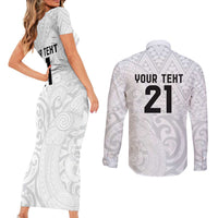 New Zealand Rangatira Custom Couples Matching Short Sleeve Bodycon Dress and Long Sleeve Button Shirt All White Niho Taniwha Maori Tribal LT9 - Polynesian Pride