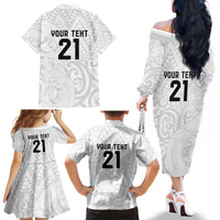 New Zealand Rangatira Custom Family Matching Off The Shoulder Long Sleeve Dress and Hawaiian Shirt All White Niho Taniwha Maori Tribal