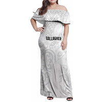 New Zealand Rangatira Custom Family Matching Off Shoulder Maxi Dress and Hawaiian Shirt All White Niho Taniwha Maori Tribal LT9 Mom's Dress White - Polynesian Pride