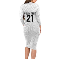 New Zealand Rangatira Custom Long Sleeve Bodycon Dress All White Niho Taniwha Maori Tribal