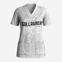 New Zealand Rangatira Custom Scrub Top All White Niho Taniwha Maori Tribal - Polynesian Pride