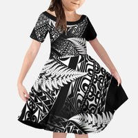 New Zealand Rugby Pacific Personalised Family Matching Summer Maxi Dress and Hawaiian Shirt All Black Maori Pasifika Fern Pattern LT9 Daughter's Dress Black - Polynesian Pride