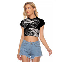 New Zealand Rugby Pacific Personalised Raglan Cropped T Shirt All Black Maori Pasifika Fern Pattern LT9 Female Black - Polynesian Pride
