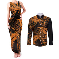 New Zealand Rugby Pacific Personalised Couples Matching Tank Maxi Dress and Long Sleeve Button Shirt All Gold Maori Pasifika Fern Pattern