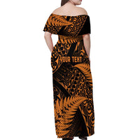 New Zealand Rugby Pacific Personalised Off Shoulder Maxi Dress All Gold Maori Pasifika Fern Pattern LT9 - Polynesian Pride