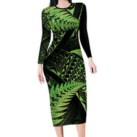 New Zealand Rugby Pacific Personalised Family Matching Long Sleeve Bodycon Dress and Hawaiian Shirt All Lime Maori Pasifika Fern Pattern LT9 Mom's Dress Lime - Polynesian Pride
