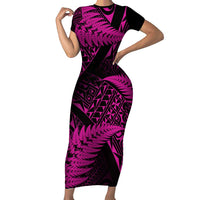 New Zealand Rugby Pacific Personalised Short Sleeve Bodycon Dress All Pink Maori Pasifika Fern Pattern