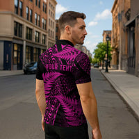 New Zealand Rugby Pacific Personalised Zipper Polo Shirt All Pink Maori Pasifika Fern Pattern - Polynesian Pride