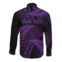 New Zealand Rugby Pacific Personalised Long Sleeve Button Shirt All Purple Maori Pasifika Fern Pattern LT9 - Polynesian Pride
