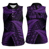 New Zealand Rugby Pacific Personalised Women Sleeveless Polo Shirt All Purple Maori Pasifika Fern Pattern
