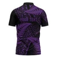 New Zealand Rugby Pacific Personalised Zipper Polo Shirt All Purple Maori Pasifika Fern Pattern - Polynesian Pride