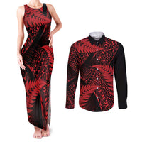 New Zealand Rugby Pacific Personalised Couples Matching Tank Maxi Dress and Long Sleeve Button Shirt All Red Maori Pasifika Fern Pattern LT9 Red - Polynesian Pride