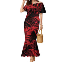 New Zealand Rugby Pacific Personalised Family Matching Mermaid Dress and Hawaiian Shirt All Red Maori Pasifika Fern Pattern LT9 Mom's Dress Red - Polynesian Pride