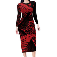 New Zealand Rugby Pacific Personalised Long Sleeve Bodycon Dress All Red Maori Pasifika Fern Pattern