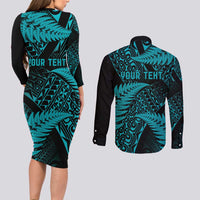 New Zealand Rugby Pacific Personalised Couples Matching Long Sleeve Bodycon Dress and Long Sleeve Button Shirt All Turquoise Maori Pasifika Fern Pattern