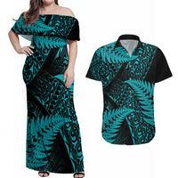 New Zealand Rugby Pacific Personalised Couples Matching Off Shoulder Maxi Dress and Hawaiian Shirt All Turquoise Maori Pasifika Fern Pattern