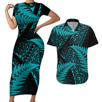 New Zealand Rugby Pacific Personalised Couples Matching Short Sleeve Bodycon Dress and Hawaiian Shirt All Turquoise Maori Pasifika Fern Pattern