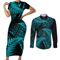 New Zealand Rugby Pacific Personalised Couples Matching Short Sleeve Bodycon Dress and Long Sleeve Button Shirt All Turquoise Maori Pasifika Fern Pattern