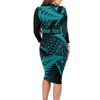 New Zealand Rugby Pacific Personalised Family Matching Long Sleeve Bodycon Dress and Hawaiian Shirt All Turquoise Maori Pasifika Fern Pattern