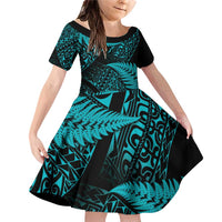 New Zealand Rugby Pacific Personalised Family Matching Off Shoulder Short Dress and Hawaiian Shirt All Turquoise Maori Pasifika Fern Pattern