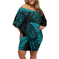 New Zealand Rugby Pacific Personalised Family Matching Off Shoulder Short Dress and Hawaiian Shirt All Turquoise Maori Pasifika Fern Pattern