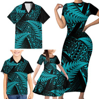 New Zealand Rugby Pacific Personalised Family Matching Short Sleeve Bodycon Dress and Hawaiian Shirt All Turquoise Maori Pasifika Fern Pattern