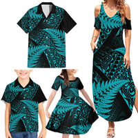 New Zealand Rugby Pacific Personalised Family Matching Summer Maxi Dress and Hawaiian Shirt All Turquoise Maori Pasifika Fern Pattern