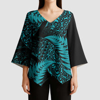New Zealand Rugby Pacific Personalised Kimono Sleeve Blouse All Turquoise Maori Pasifika Fern Pattern - Polynesian Pride