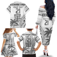 Custom Fiji Rugby Family Matching Off The Shoulder Long Sleeve Dress and Hawaiian Shirt Polynesian Fijian Masi Palm Tree