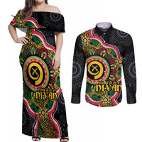 Vanuatu Personalised Couples Matching Off Shoulder Maxi Dress and Long Sleeve Button Shirt Aboriginal Dot Paitnting - Polynesian Pride