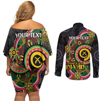 Vanuatu Personalised Couples Matching Off Shoulder Short Dress and Long Sleeve Button Shirt Aboriginal Dot Paitnting - Polynesian Pride
