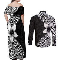 Lotu Tamaiti White Sunday Couples Matching Off Shoulder Maxi Dress and Long Sleeve Button Shirt Pacific Plumeria Flowers - Black Version