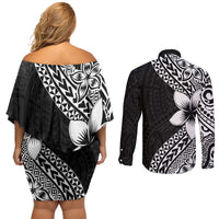 Lotu Tamaiti White Sunday Couples Matching Off Shoulder Short Dress and Long Sleeve Button Shirt Pacific Plumeria Flowers - Black Version