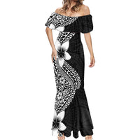 Lotu Tamaiti White Sunday Mermaid Dress Pacific Plumeria Flowers - Black Version