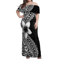 Lotu Tamaiti White Sunday Off Shoulder Maxi Dress Pacific Plumeria Flowers - Black Version