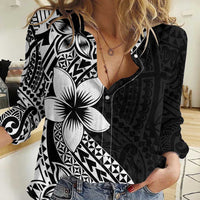 Lotu Tamaiti White Sunday Women Casual Shirt Pacific Plumeria Flowers - Black Version