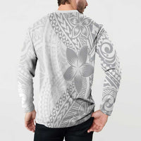 Lotu Tamaiti White Sunday Button Sweatshirt Pacific Plumeria Flowers - White Version