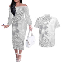 Lotu Tamaiti White Sunday Couples Matching Off The Shoulder Long Sleeve Dress and Hawaiian Shirt Pacific Plumeria Flowers - White Version