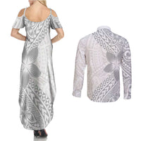 Lotu Tamaiti White Sunday Couples Matching Summer Maxi Dress and Long Sleeve Button Shirt Pacific Plumeria Flowers - White Version