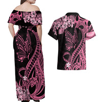 Polynesian Floral Butterfly Couples Matching Off Shoulder Maxi Dress and Hawaiian Shirt Breast Cancer Pink Ribbon LT9 - Polynesian Pride