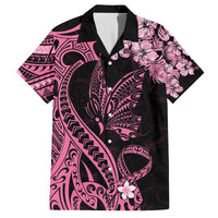 Polynesian Floral Butterfly Family Matching Off Shoulder Long Sleeve Dress and Hawaiian Shirt Breast Cancer Pink Ribbon LT9 Dad's Shirt - Short Sleeve Pink - Polynesian Pride