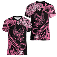 Polynesian Floral Butterfly Women V Neck T Shirt Breast Cancer Pink Ribbon LT9 - Polynesian Pride