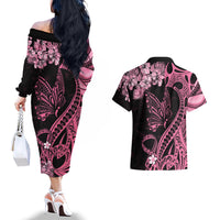 Personalised Polynesian Floral Butterfly Couples Matching Off The Shoulder Long Sleeve Dress and Hawaiian Shirt Breast Cancer Pink Ribbon LT9 - Polynesian Pride