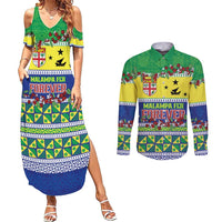 Personalised Malampa Fiji Forever Couples Matching Summer Maxi Dress and Long Sleeve Button Shirt Tagimoucia Polynesian Sand Drawing - Polynesian Pride