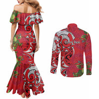 Personalised New Zealand Koru Pohutukawa Couples Matching Mermaid Dress and Long Sleeve Button Shirt Meri Kirihimete Aroha for Christmas - Polynesian Pride