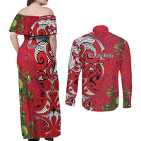 Personalised New Zealand Koru Pohutukawa Couples Matching Off Shoulder Maxi Dress and Long Sleeve Button Shirt Meri Kirihimete Aroha for Christmas - Polynesian Pride
