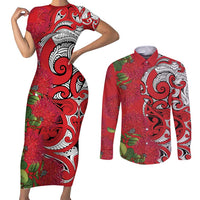 Personalised New Zealand Koru Pohutukawa Couples Matching Short Sleeve Bodycon Dress and Long Sleeve Button Shirt Meri Kirihimete Aroha for Christmas - Polynesian Pride